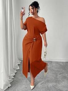 Elenzga Vestido elegante de mujer talla grande con hombro asimétrico, volantes y abertura, con botones decorativos de metal - Naranja - Ver 4