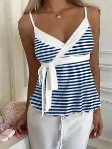 CovetEZ Women's Casual Striped Tie Strap Camisole - Blue and White - View 6