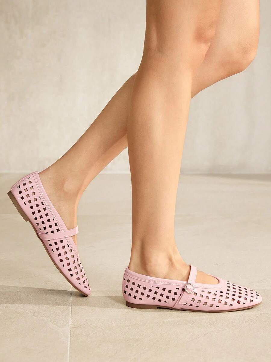 MOTF PREMIUM WOMEN SHOES POPULAR FRENCH NEW FASHION PINK PU LEATHER HOLLOW GRID TEMPERAMENT SQUARE TOE FLAT SOLE SHOES, COMFORTABLE AND VERSATILE WITH SIMPLE ELEGANCE NOT TIRED FEET BREATHABLE HOLE SANDALS - Baby Pink - View 2