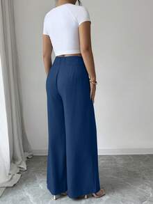 Elenzga Calça feminina elegante, moderna e urbana, azul-clara, de cintura alta e modelagem flare com botões dourados. Ideal para uso diário, casamentos, eventos de gala, trabalho, formaturas, feriados, férias, encontros, festas, Halloween, Natal, Ano Novo, Dia de Ação de Graças e casamentos. - Azul marinho - Ver 2