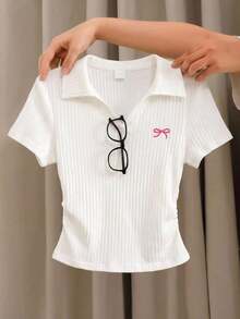 Tween Girl Spring/Summer Solid Color Casual Elegant Bow Embroidered V-Neck Fitted Side Pleated Short Sleeve Cropped Stretchy Ribbed Polo Shirt, White - White - View 2