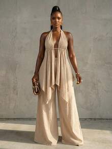 BamGleam 100% Cotton Bohemian Vacation Style V-Neck Halter Tie Shoulder Backless Ruched Asymmetric Hem Flowy Top Paired With Elastic Waist Wide Leg Loose Draping Casual Outfit For Beach, Date, Daily Wear - Apricot - View 3