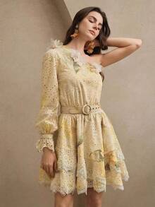 Anewsta Đầm lệch vai, tay phồng, thêu họa tiết, thắt lưng phụ kiện, họa tiết hoa ghép mảnh, kiểu dáng thanh lịch, thích hợp cho lễ hội, đi chơi, nghỉ mát dành cho nữ. - Màu be - Xem 7