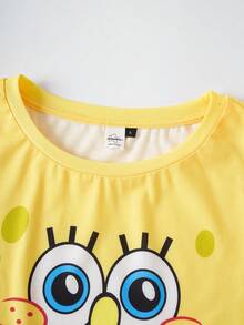 SpongeBob SquarePants | SHEIN Women's Cartoon Print Short Sleeve Top And Shorts Pajama Set, - Yellow - View 4