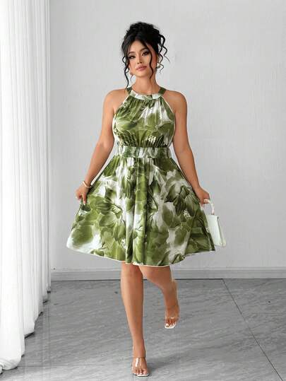 Elenzga Plus Size Women's Sleeveless Round Neck Dress With Belt And Blue Tie-Dye Print