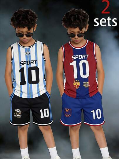 4件套儿童/青少年男童休闲宽松运动字母印花背心短裤套装，适合通勤、上学、日常休闲穿着、运动、春夏、世界杯等场合。