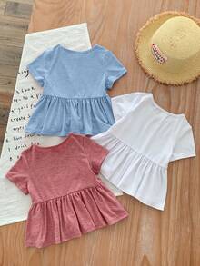 SHEIN LMoss Kids LMoss 女婴三件套休闲简约夏季纯色针织荷叶边短袖上衣 - 彩色 - 查看 3