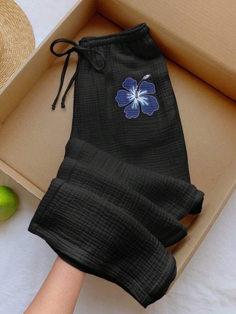 Comfortcana 女士印花抽绳阔腿宽松裤,100%纯棉休闲沙滩裤,黑色,夏季 - 黑色 - 查看 1