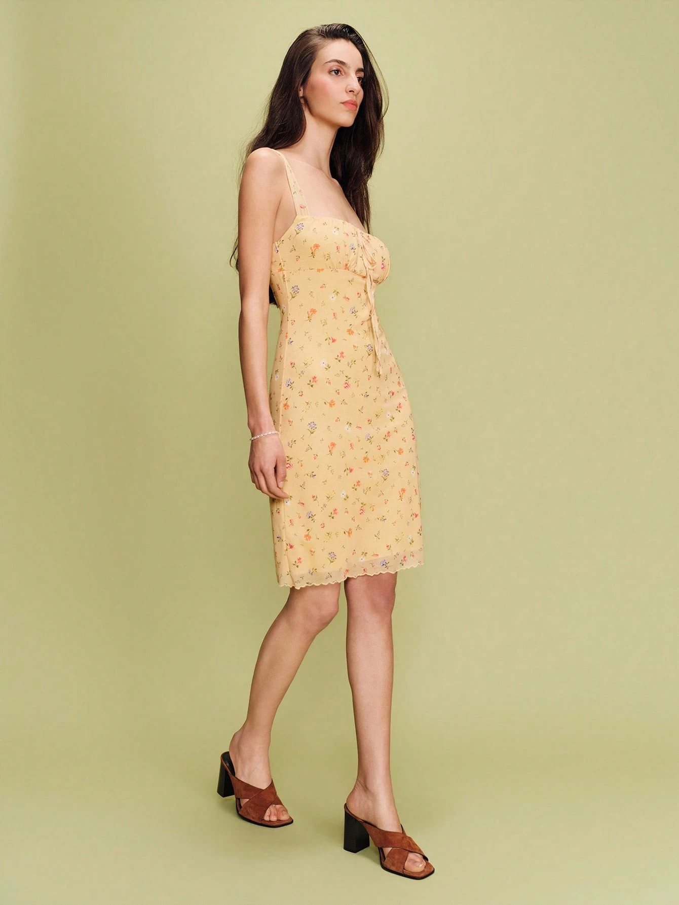Yellow Floral-Print Mesh Midi Dress With A Straight Cut And Tie-Detail Spring Summer Cute Vacation Dress Holdiay Dress Going Out French Style Parisian Style