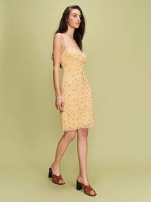 lacRébo 黄色印花网纱中长连衣裙，直筒剪裁，系带设计，春夏可爱度假连衣裙，休闲外出连衣裙，法式巴黎风情 - 黃色 - 查看 3