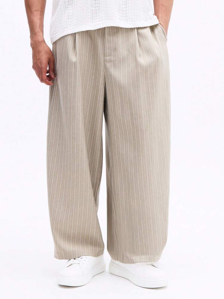SUMWON Wide Leg Cropped Linen Feel Striped Pants