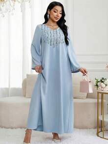 Al Najma 女士花卉3D刺绣阿拉伯风格荷叶边长袖连衣裙，优雅适合正式场合和聚会 - 藍色 - 查看 5