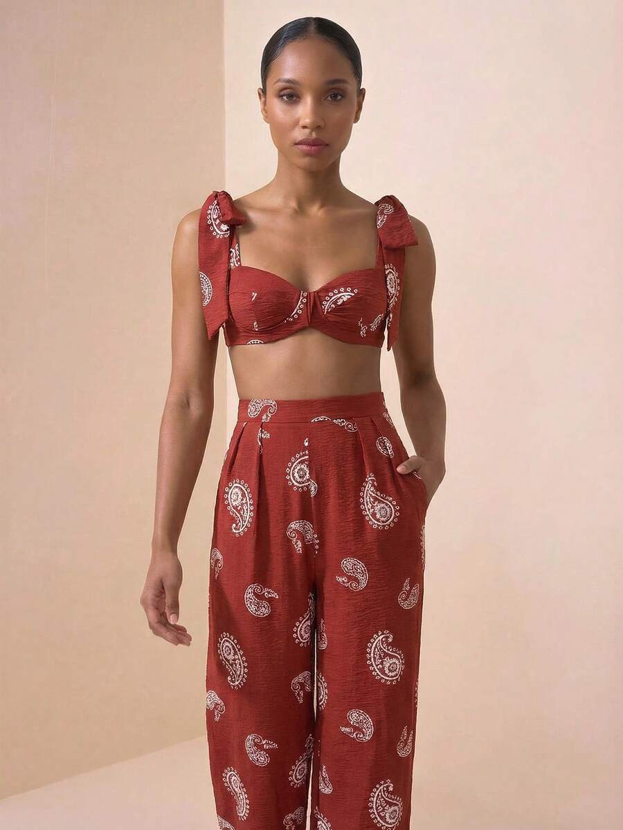 Zivah Vintage Embroidery Look Linen Fabric Tie-Up Bralette Crop Top And Long Pants 2-Piece Set For Women - Brown - View 1