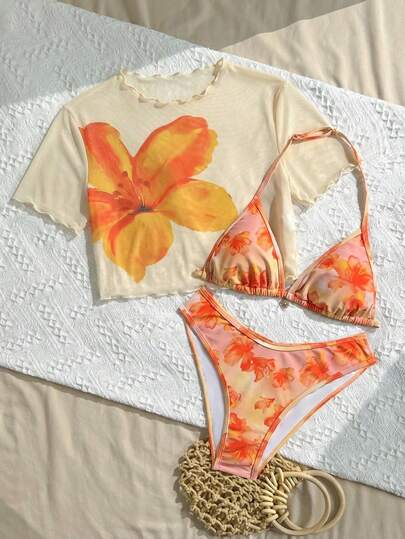 SHEIN Conjunto de bikini de 3 piezas para niñas adolescentes en verano, camiseta con estampado floral naranja y traje de baño, adecuado para playa y vacaciones bohemias