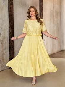 大码女装春夏新款婚礼宾客浪漫连衣裙，新娘礼服，晚礼服，正式女士礼服，优雅蕾丝拼接连衣裙，宽松长裙 - 淡黃色 - 查看 3