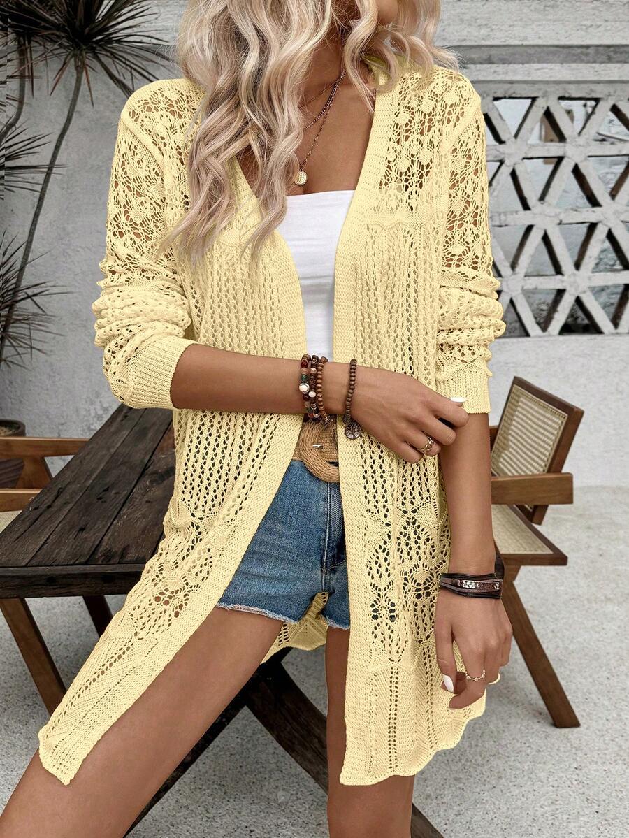SHEIN LUNE Women's Casual Solid Color Hollow Out Long Sleeve Loose Cardigan - Yellow - View 1