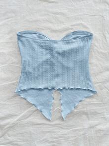 SHEIN 青少年女孩藍色夏季海灘度假度假村風紋理抹胸上衣，前扭結荷葉邊修身無肩帶上衣，派對街頭風 - 淺藍色 - 查看 2