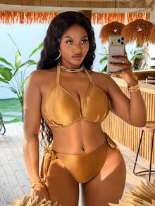 Slaydiva Plus Size Solid Color Halter Tie Bikini Set Set, Summer Fashion - Multicolor - View 1
