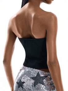 Airlisse 女士新款无肩带镂空铆钉Y2K性感休闲上衣，春夏款 - 黑色 - 查看 2