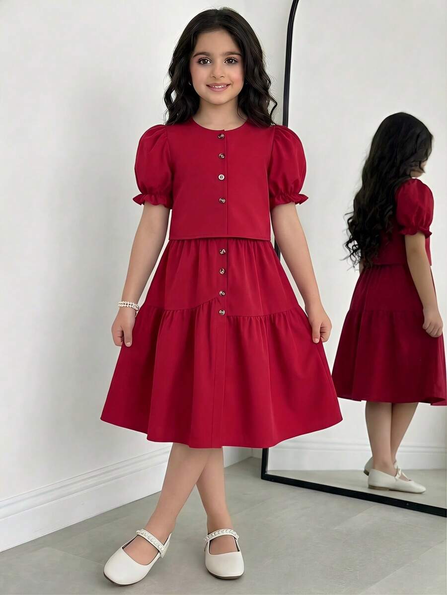 SHEIN 2件組 青少年女孩印花泡泡袖上衣 + 不對稱鈕扣裙套裝,舒適春夏季度假穿搭 - 酒紅色 - 查看 1