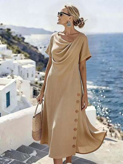 SHEIN Holidaya Vestido largo de línea A con cuello en V profundo, estilo casual y holgado para vacaciones