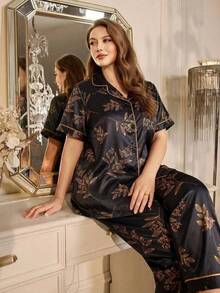 MuseNap CURVE Plus Size Elegant Floral Print Lapel Short Sleeve Pajama Set - Black - View 5
