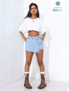 SHEIN PETITE 女款鈕扣休閒百搭約會與外出牛仔裙褲，適合嬌小女性 - 淺色水洗藍 - 查看 3
