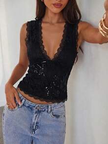 Aloruh Áo tank top nữ màu nâu ren cổ chữ V không tay đính cườm và thêu - màu đen - Xem 5