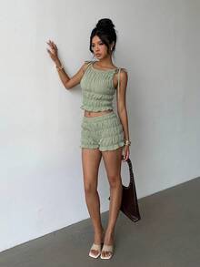 Aloruh Women's Plaid Tie Shoulder Sleeveless Top And Shorts 2 Pieces Set - Green - View 6