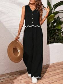 SHEIN Frenchy Women's Plant Embroidery Single-Breasted Vest And Pants Casual Boho 2 Pieces Set,Holiday Outfits Women,Women's Summer Casual Black And White Striped V-Neck Button Front Sleeveless Top Wide Leg Pants Two Piece Set With Lace Trim Casual Outfit,Casual Sets For Women,Oing Out Outfits,Beach Holiday Vacation Outfitsummer Outfits For Women - Black - View 3