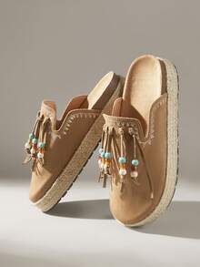 Solecia Solid Color Spring And Summer Daily Fashion Comfortable Casual Fringed Decorative Flats - Brown - View 3