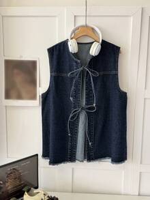 Dazy Plus Light Wash Sleeveless Denim Vest With Tie - Dark Wash - View 2