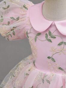 SHEIN Glamorique Kids 少女碎花束腰泡泡袖连衣裙，薄纱泡泡袖优雅派对礼服，适合所有季节 - 粉色 - 查看 6