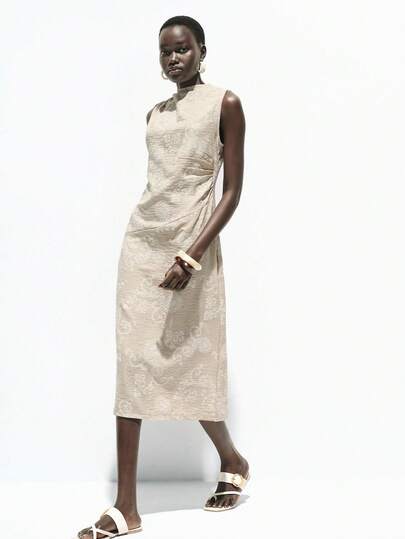 Lumivelle 女士优雅都市通勤及度假无袖褶皱仿刺绣佩斯利印花修身长连衣裙，夏季