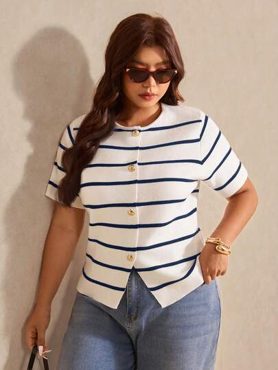Elaquor Plus Size Colorblock Striped Short Sleeve Knit Top, Spring/Summer