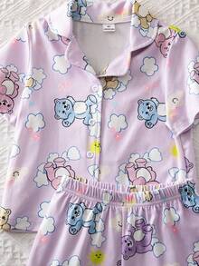 2件套 女童简约舒适独角兽印花开衫短袖上衣和短裤睡衣套装 - 淺粉色 - 查看 6