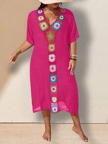 Swim Lushoire Plus Size Women Crochet Knit Cover Up Dress For Vacation - Hot Pink - View 5