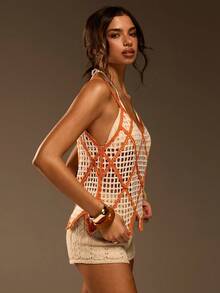 Athîral Áo hai dây dệt kim không tay kẻ caro dành cho nữ, thích hợp cho kỳ nghỉ hè, phong cách thường ngày. - trắng - Xem 6