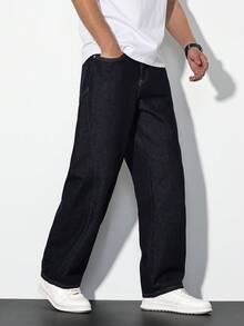 Manfinity Homme Quần jeans nam màu xanh hải quân dáng rộng, ống thẳng, phong cách thường ngày. - Rửa tối - Xem 4