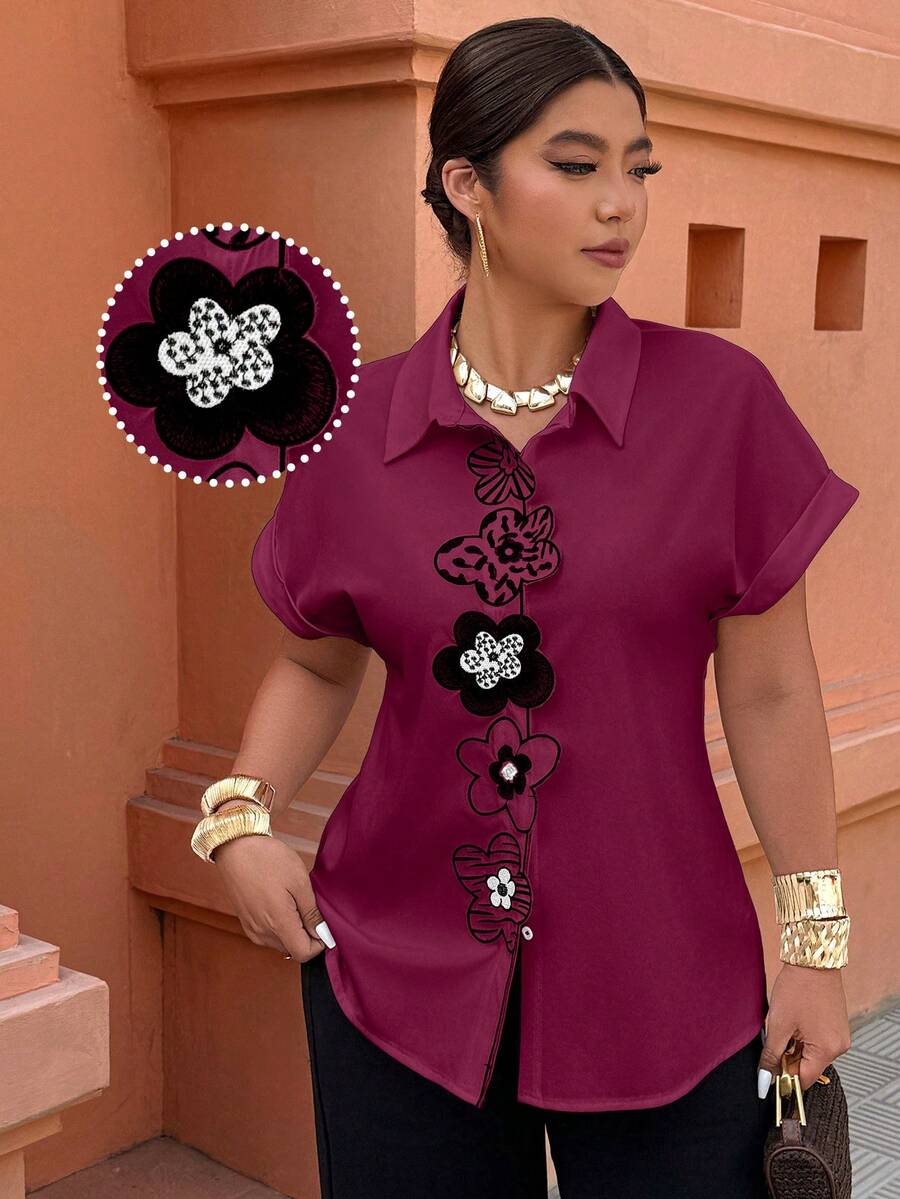 Breezaya Plus Size Women's Embroidered 3D Floral Casual Vacation Shirt, Spring/Summer - Burgundy - View 1