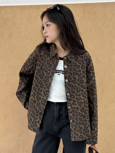 Dazy Kids Tween Girls' Leopard Print Denim Lapel Long Sleeve Jacket And Coat, Autumn/Winter