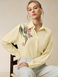 Áo kiểu tay dài thêu hoa đính sequin, thanh lịch, phong cách thường ngày, thích hợp cho mùa xuân/hè, dành cho nữ. - Vàng nhạt - Xem 4