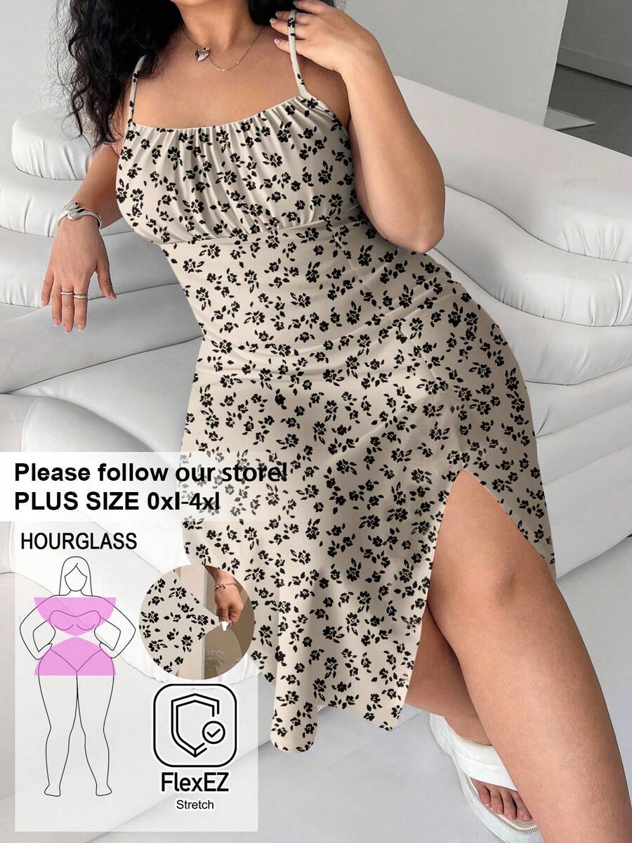 Solflare Plus Size Minimalist Printed Camisole Dress - Khaki - View 1