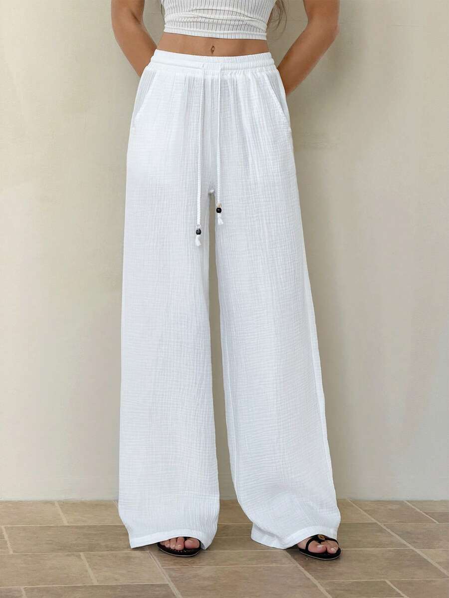 SHEIN Tall Trang phục mùa hè dành cho nữ, thích hợp đi xem hòa nhạc, đi biển, phong cách boho cơ bản tối giản, quần trắng 100% cotton đã giặt, ống quần cong. - trắng - Xem 1