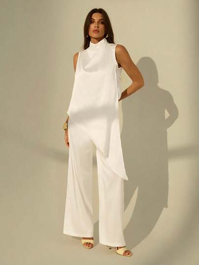 SHEIN Tall Modern Minimalist Design White Set: Pleated Collar Irregular Hem Camisole Top, And Draped Flowy Straight Leg Pants, Made Of Comfortable And Skin-Friendly Fabric, Elegant And Dignified Office Wear, Versatile For Family Gatherings, Fashion Celebrations, Spring/Summer Vacation, And Casual Daily Wear