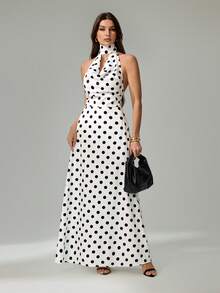 SHEIN Tall Đầm dài chấm bi thanh lịch với cổ áo xòe rộng dành cho nữ - trắng - Xem 4