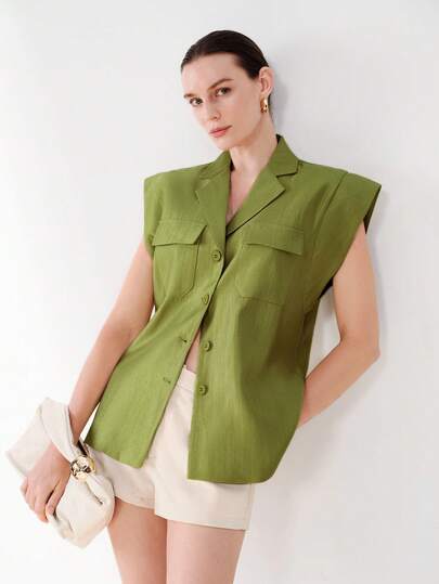 Aveloria Modichic Áo vest blazer không tay, màu xanh ô liu, cổ nhọn, túi lớn, cài một hàng khuy, phong cách thành thị thường ngày, trang phục công sở, xuân/hè, chất liệu vải thoáng mát, thời trang cho đi làm, hẹn hò, mua sắm. Áo vest blazer không tay dáng rộng, tay ngắn, túi ngực, chất liệu satin mềm mại dành cho nữ.