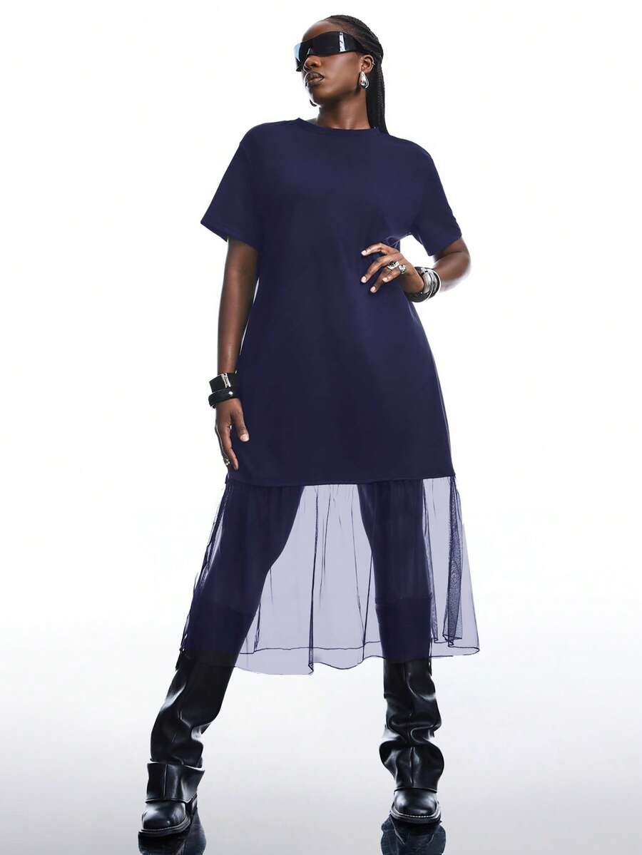 SHEIN EZwear 大码女式休闲纯色网纱连衣裙，春夏款 - 藏蓝色 - 查看 1