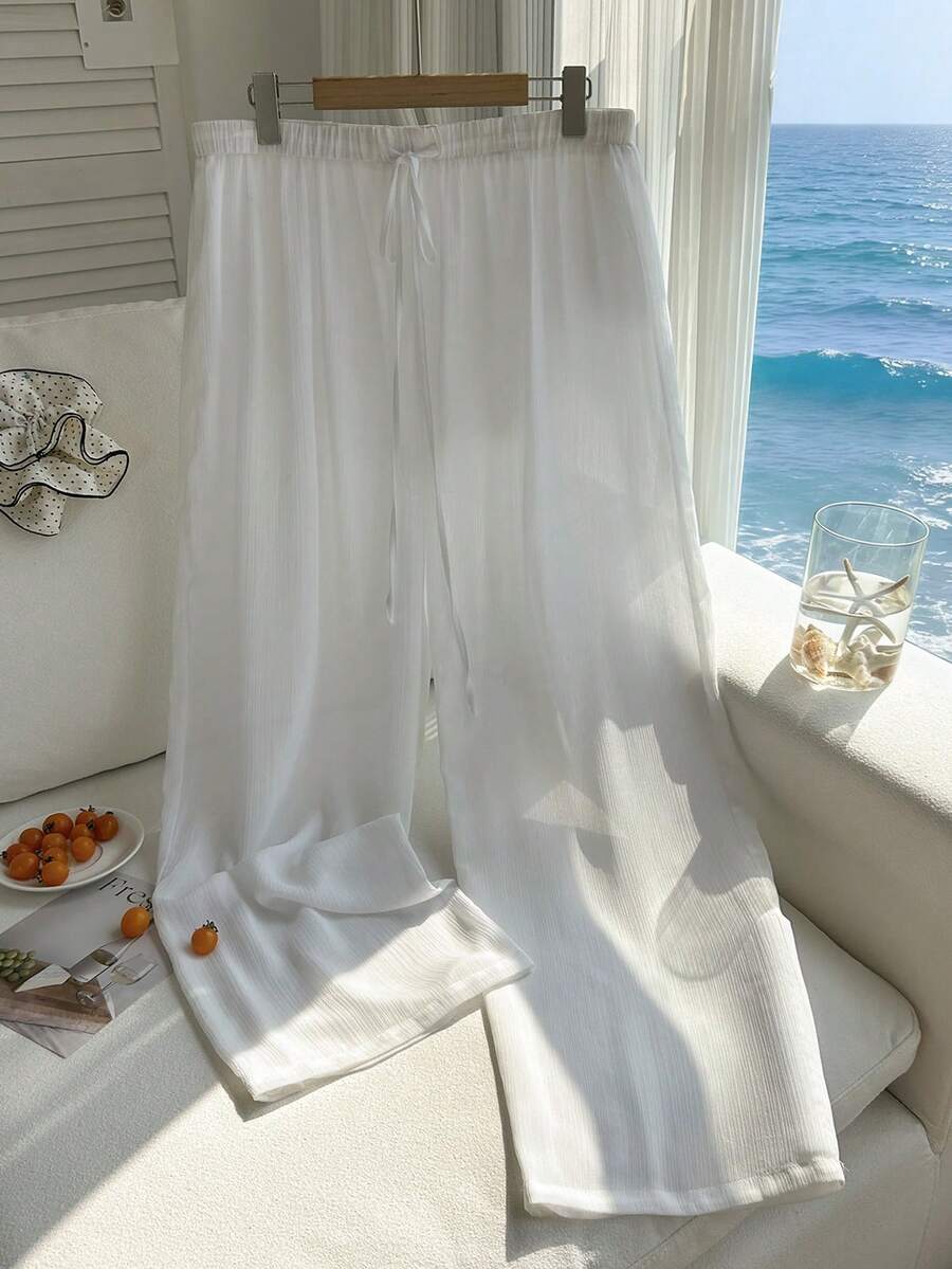 Comfortcana Plus Size Women Solid Color Drawstring Waist Loose Casual Pants - Beige - View 1