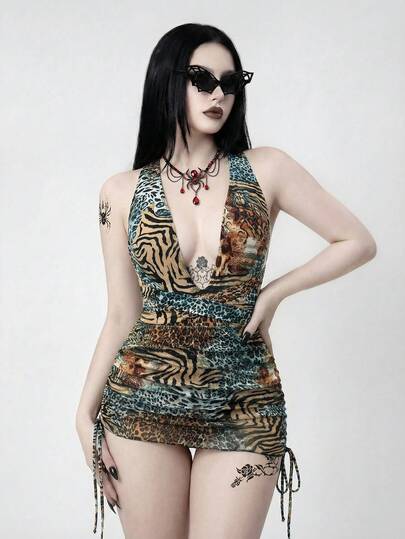 ROMWE Goth Women's Casual Vacation Beach Party Elegant Leopard Print Skirt One-Piece Two Pieces Swimsuit, New Summer